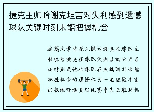 捷克主帅哈谢克坦言对失利感到遗憾球队关键时刻未能把握机会 捷克主帅哈谢克坦言对失利感到遗憾球队关键时刻未能把握机会