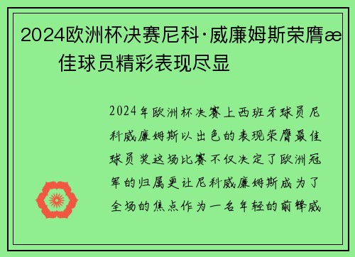 2024欧洲杯决赛尼科·威廉姆斯荣膺最佳球员精彩表现尽显 2024欧洲杯决赛尼科·威廉姆斯荣膺最佳球员精彩表现尽显