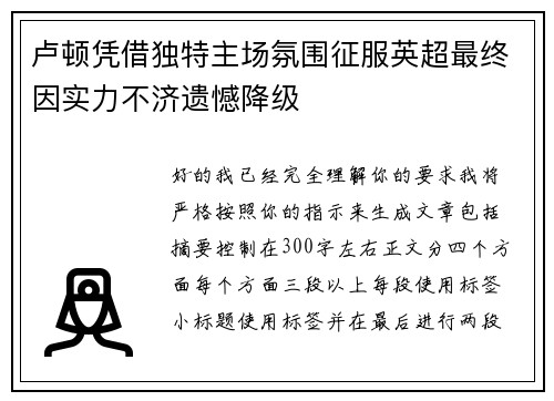 卢顿凭借独特主场氛围征服英超最终因实力不济遗憾降级