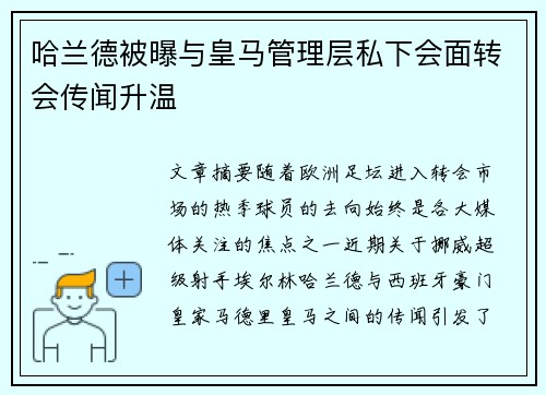 哈兰德被曝与皇马管理层私下会面转会传闻升温